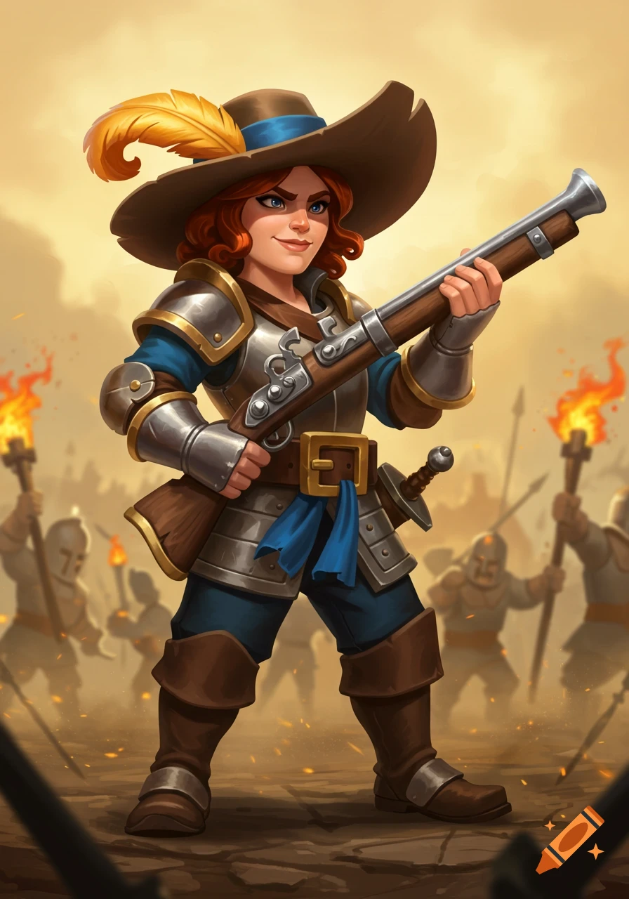 A stylized female musketeer in armor and a feathered hat holds a musket on a battlefield.