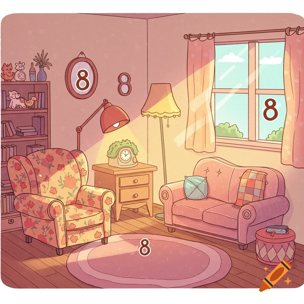 A cozy, warm-toned cartoon living room with a floral armchair, a pink sofa, lamps, a bookshelf, and four instances of the number 8 hidden within the decor.