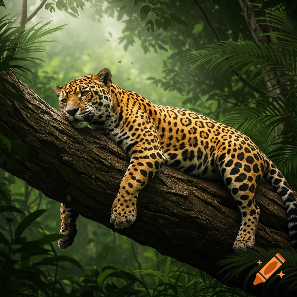 A photorealistic jaguar rests on a thick tree branch in a misty, lush green jungle.