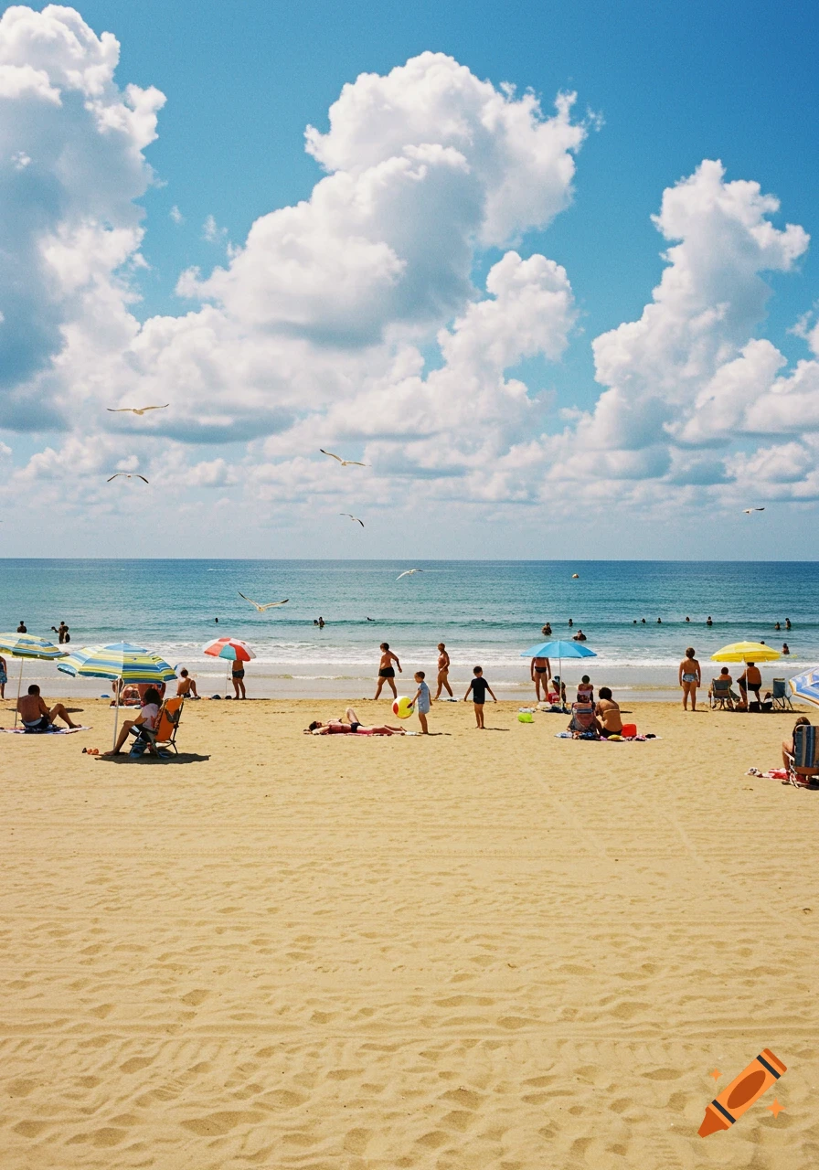 A sunny beach day with many people swimming, sunbathing, and playing on the sand, under a blue sky with white clouds.