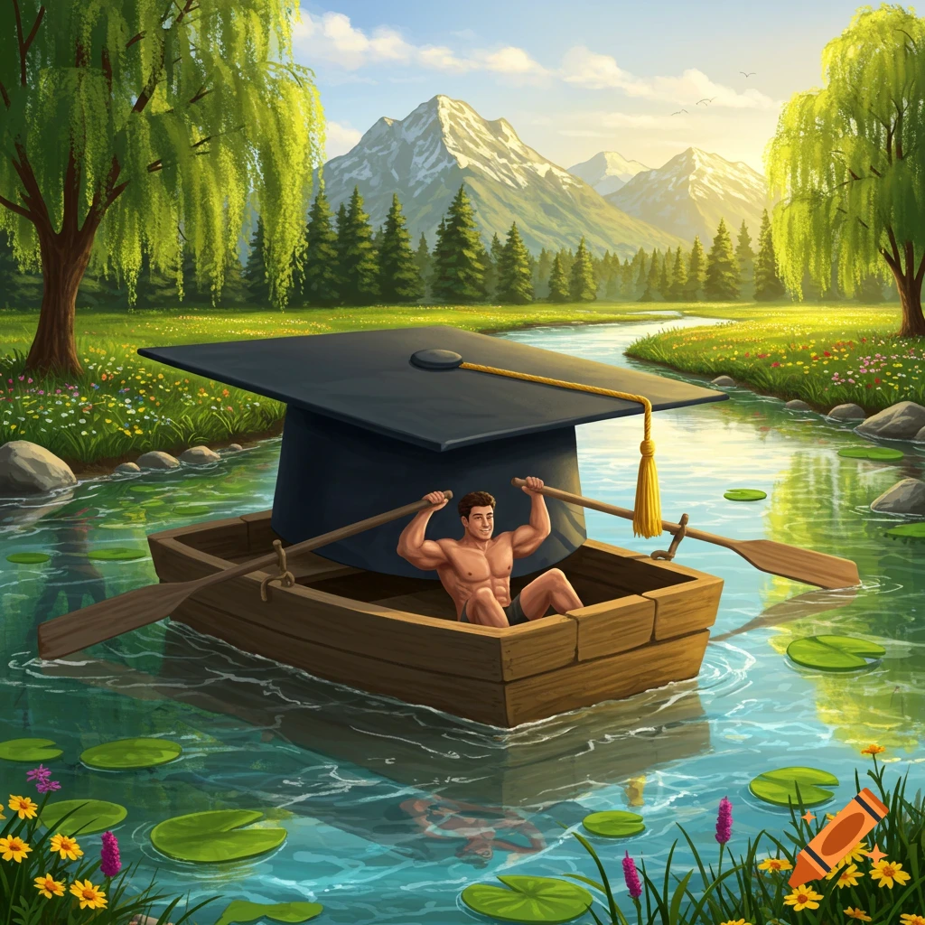 A fit, shirtless man rows a boat made from a giant graduation hat on a river, surrounded by a lush green landscape and mountains.
