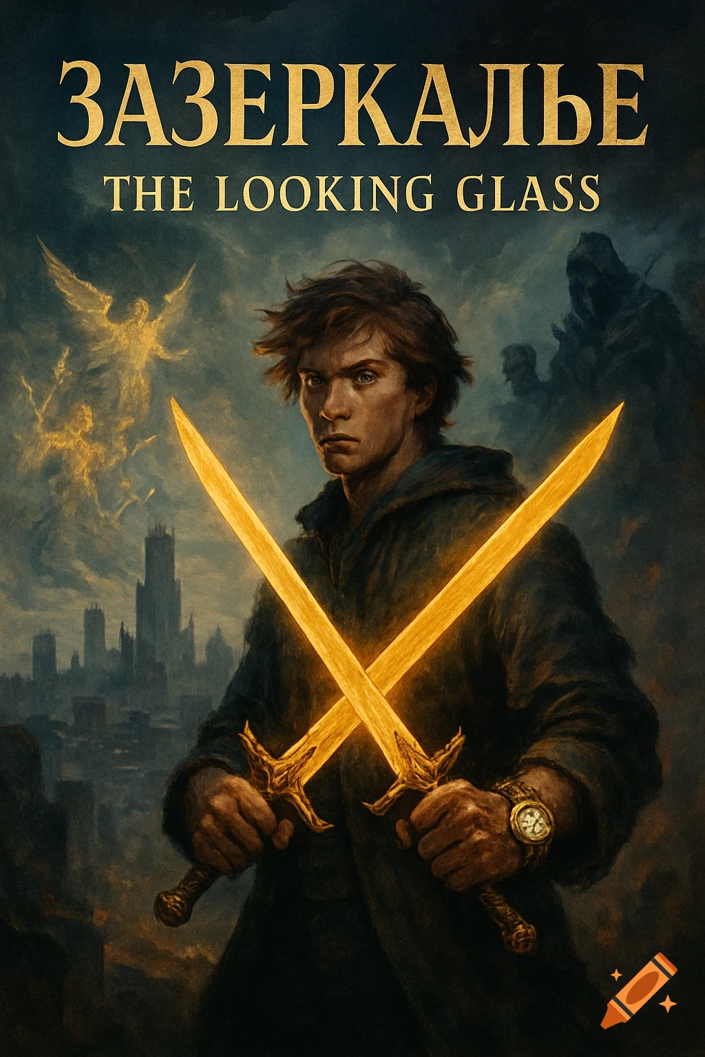 A fantasy book cover showing a young man with glowing golden swords, a city, angels, and shadowy figures in the background.