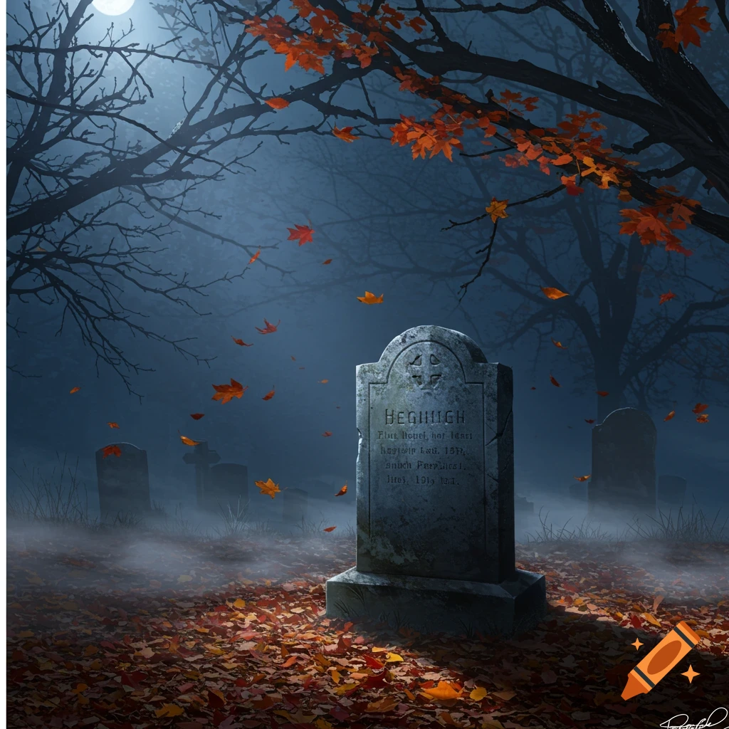 A dramatic, misty graveyard scene at night, with a prominent gravestone covered in fallen autumn leaves under a full moon.