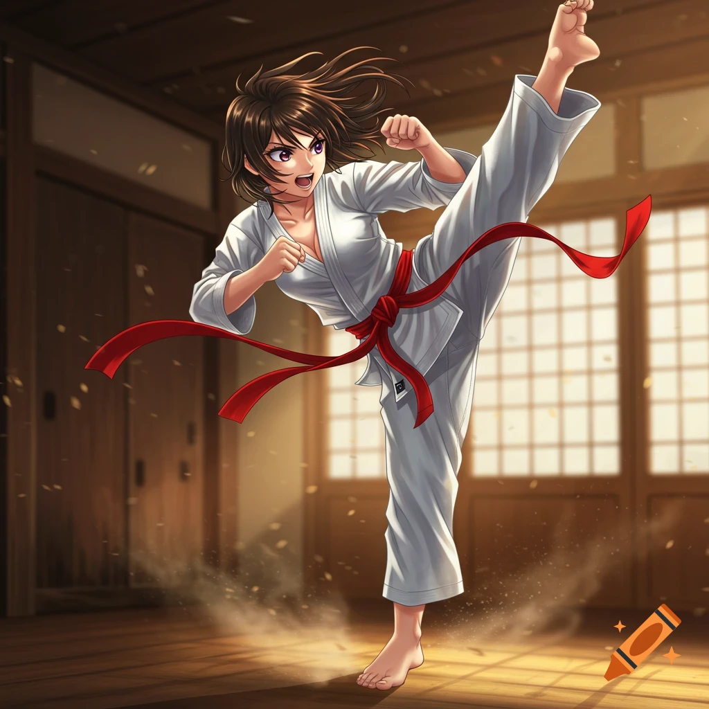 An anime girl with brown hair in a white karate gi with a red belt performs a high kick in a dojo, kicking up dust.
