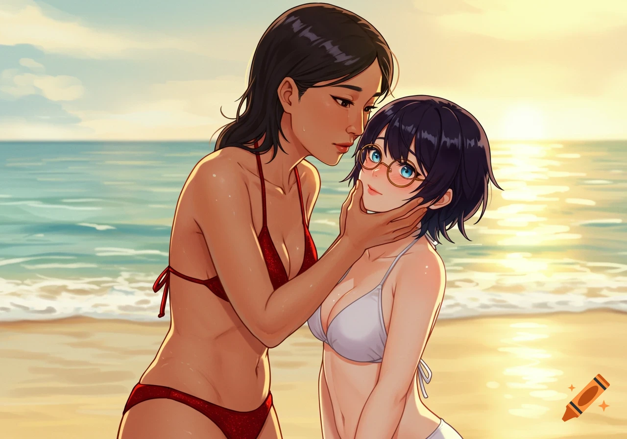Anime style digital art of two women, a couple, on a beach. One woman in a red bikini gently holds the chin of the other in a white bikini.