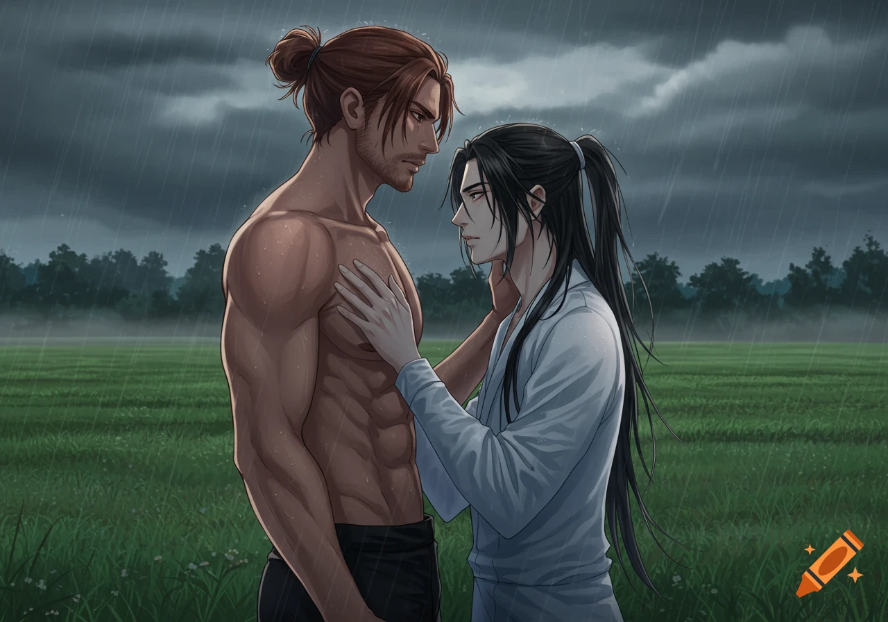Two anime-style men, one shirtless and muscular, the other in white, embrace intimately in a rainy green field.