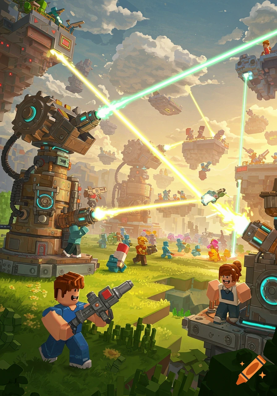 A vibrant, block-style cartoon battle scene featuring characters with laser guns defending futuristic towers on floating islands.