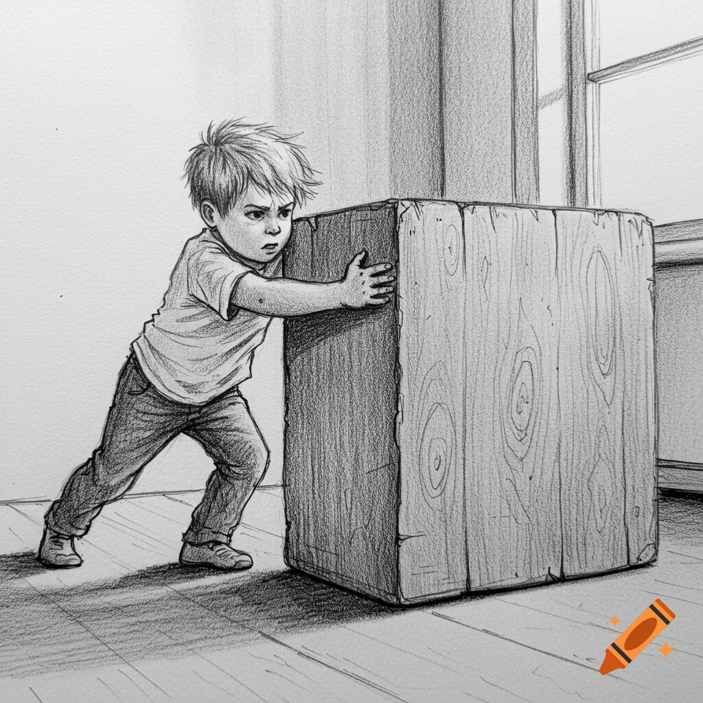A determined young boy struggles to push a large, heavy wooden box across a floor in a pencil sketch.