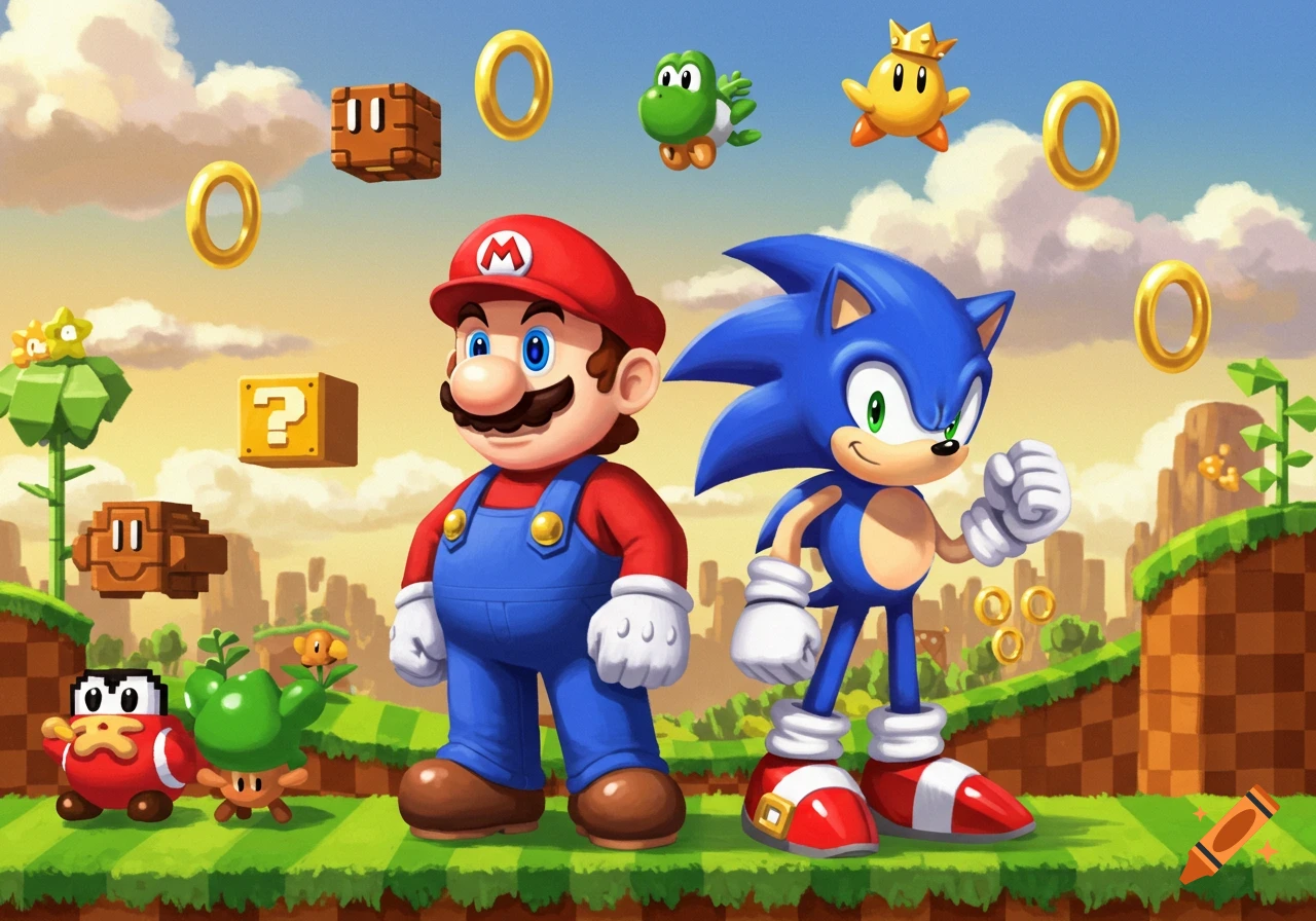 Mario and Sonic stand side-by-side in a vibrant, cartoonish video game landscape with floating rings and power-up blocks.