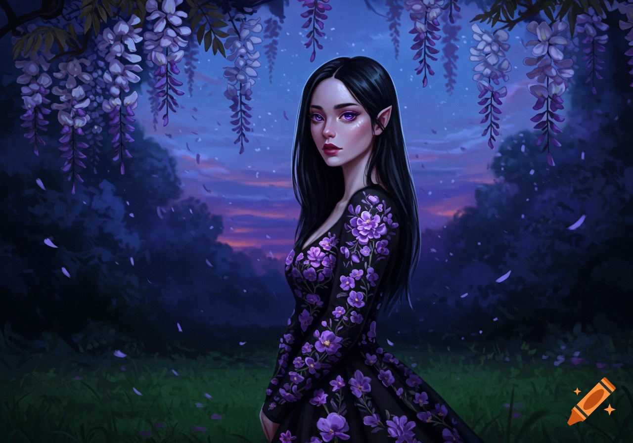 A fantasy woman with black hair, purple eyes, and pointed ears in a black floral dress stands among purple wisteria flowers at twilight, digital art.