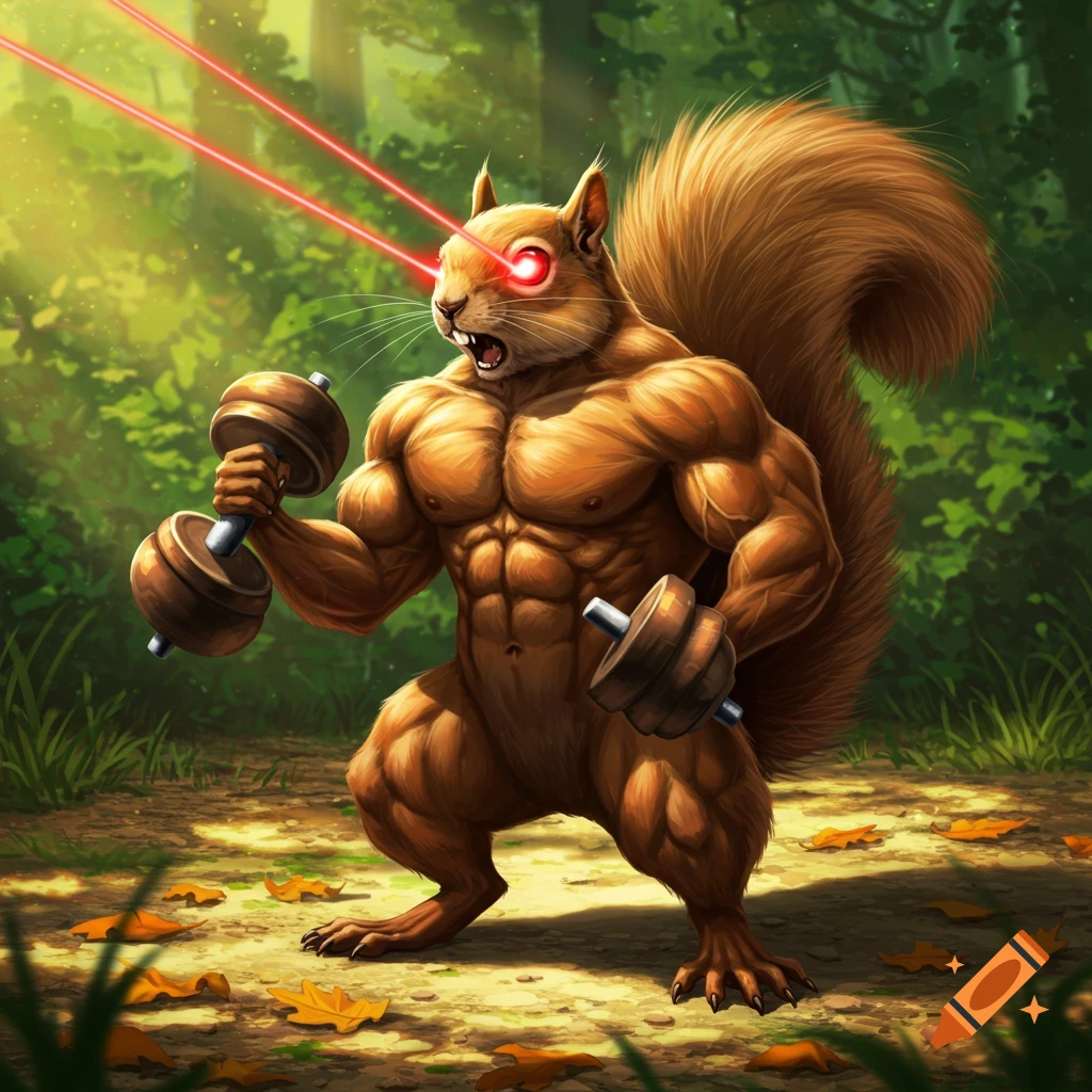A buff, muscular squirrel with glowing red laser eyes lifts dumbbells in a sunlit forest.