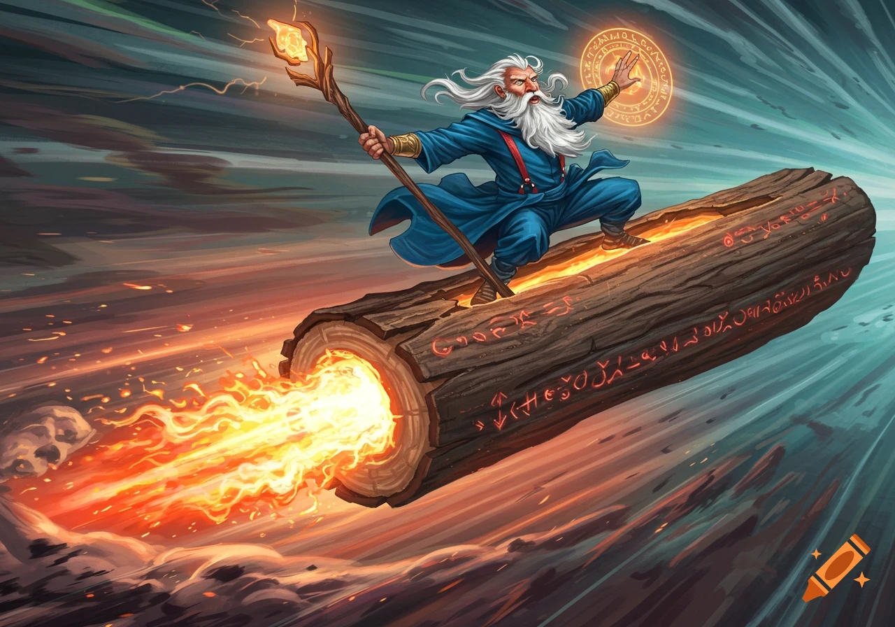 A majestic wizard with a flowing white beard surfs a flaming, hollow log adorned with arcane symbols, holding a staff as he flies through a dynamic sky in a graphic novel style.