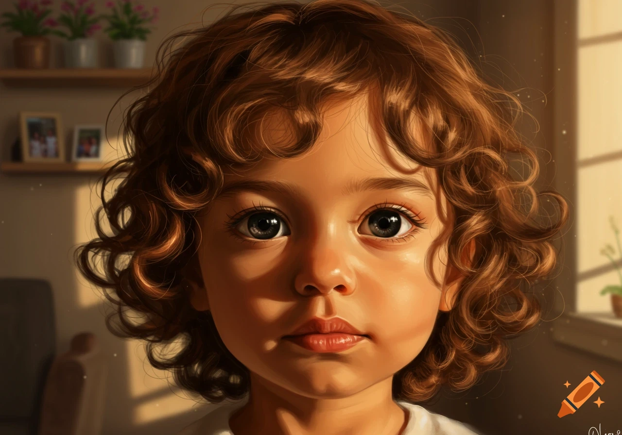 A close-up digital painting of a child with dark eyes and curly brown hair looking forward, lit by soft window light.
