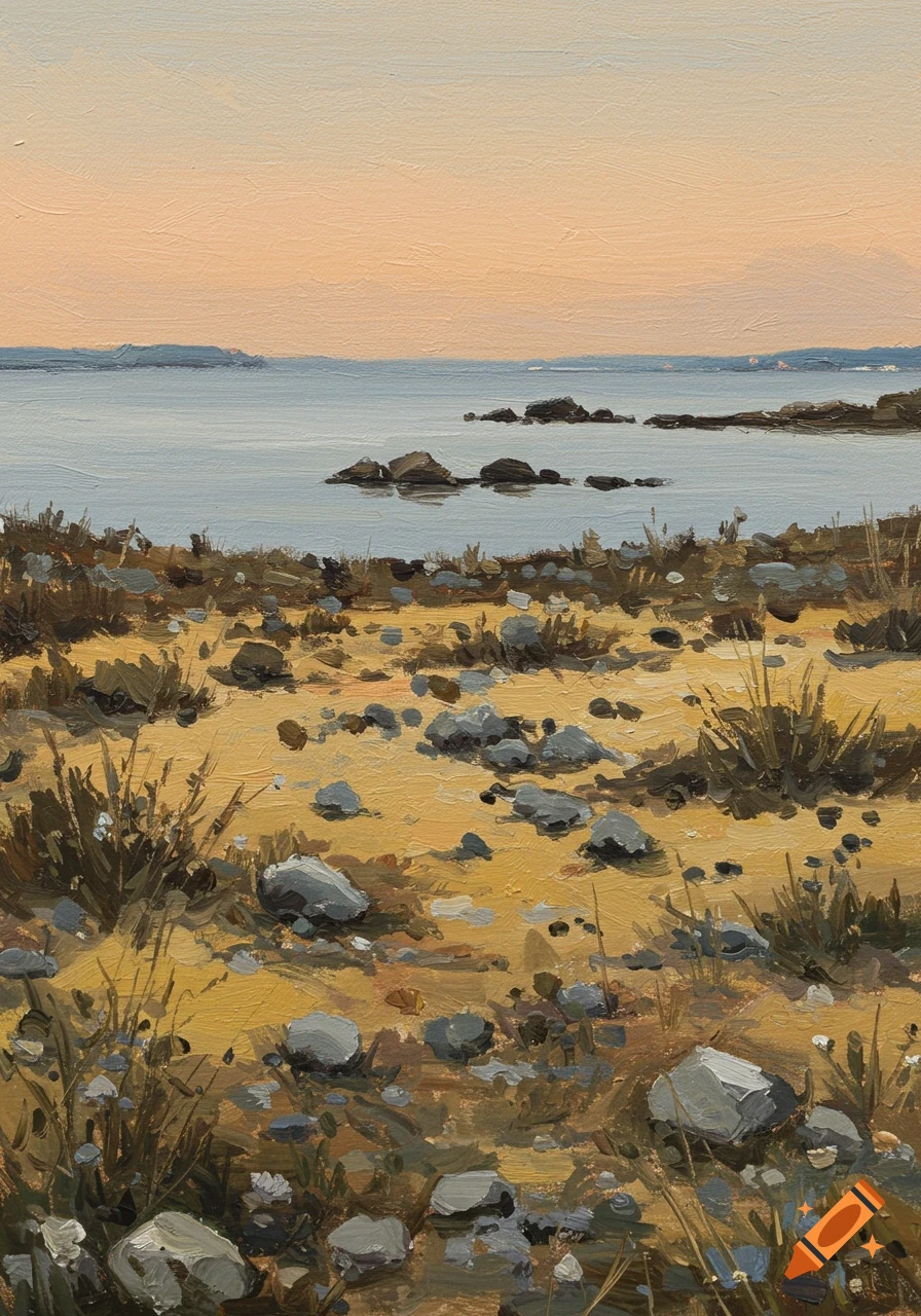 An impressionistic painting of a rocky, dry coastal landscape with a calm blue-grey sea and an orange-pink evening sky.