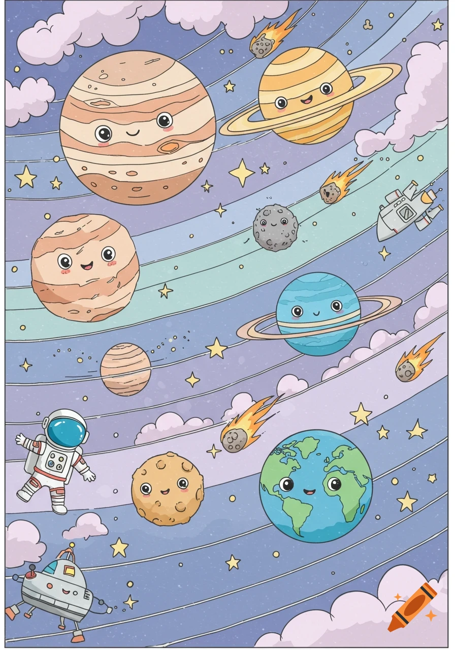 A cute cartoon illustration of the solar system with smiling planets, asteroids, an astronaut, and spaceships on a colorful striped background.