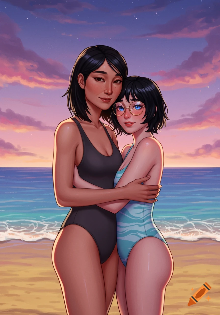 Digital art illustration of two women, one with glasses, embracing on a beach at sunset.