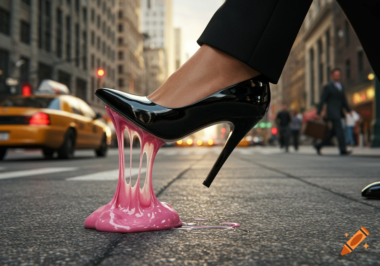 A businesswoman's black stiletto high heel steps into a wad of pink chewing gum on a city street, stretching it humorously.