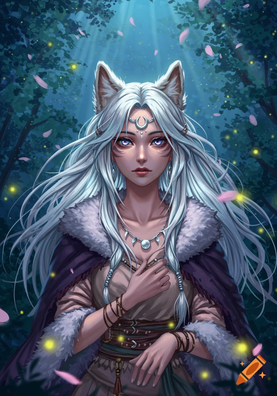 An anime wolf girl with long white hair and pointed ears, wearing a fur-trimmed cloak, stands in a mystical forest with fireflies and falling pink petals.