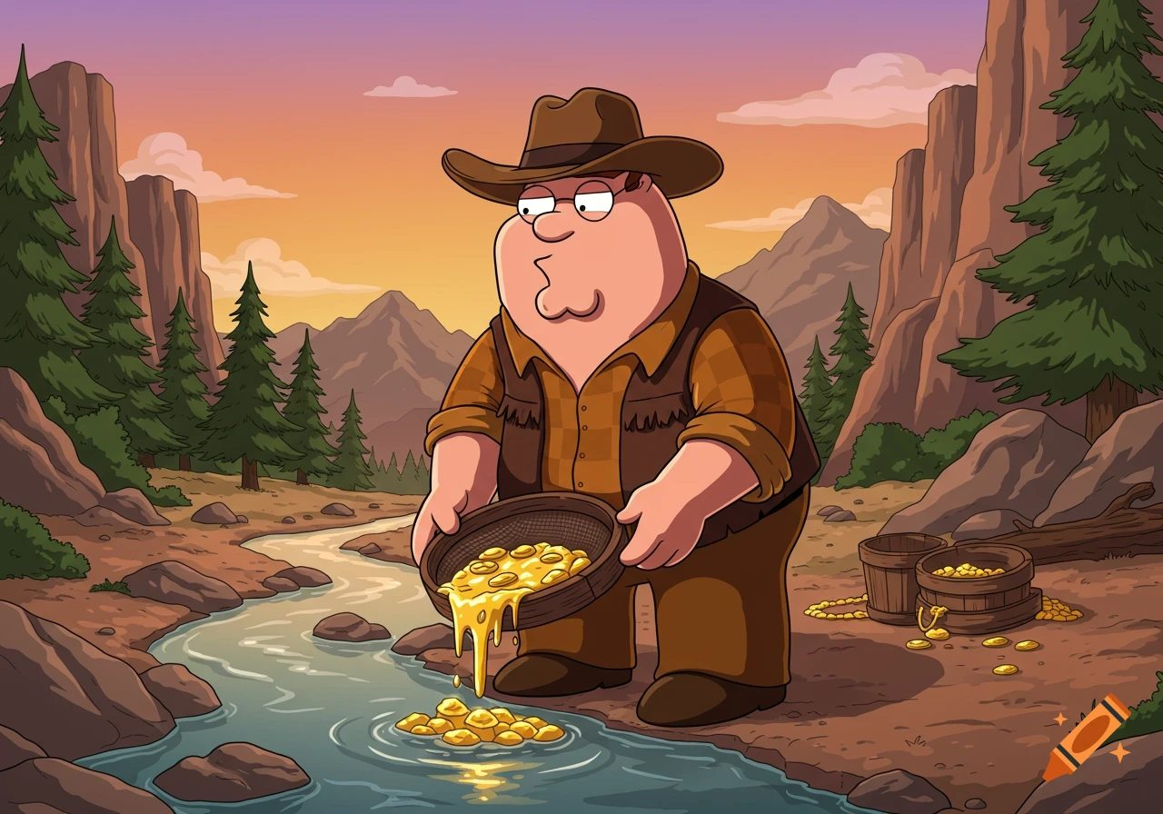 Cartoon Peter Griffin, dressed as a gold miner in a cowboy hat and vest, pans for gold in a river with mountains in the background at sunset.