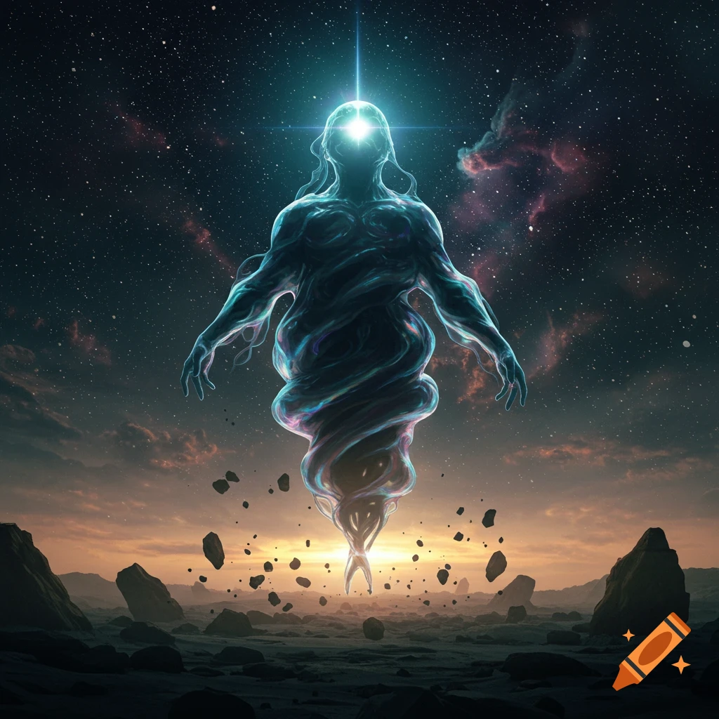 A luminous, ethereal human-like being with a glowing head floats over a rocky alien landscape under a starry, cosmic sunset sky.