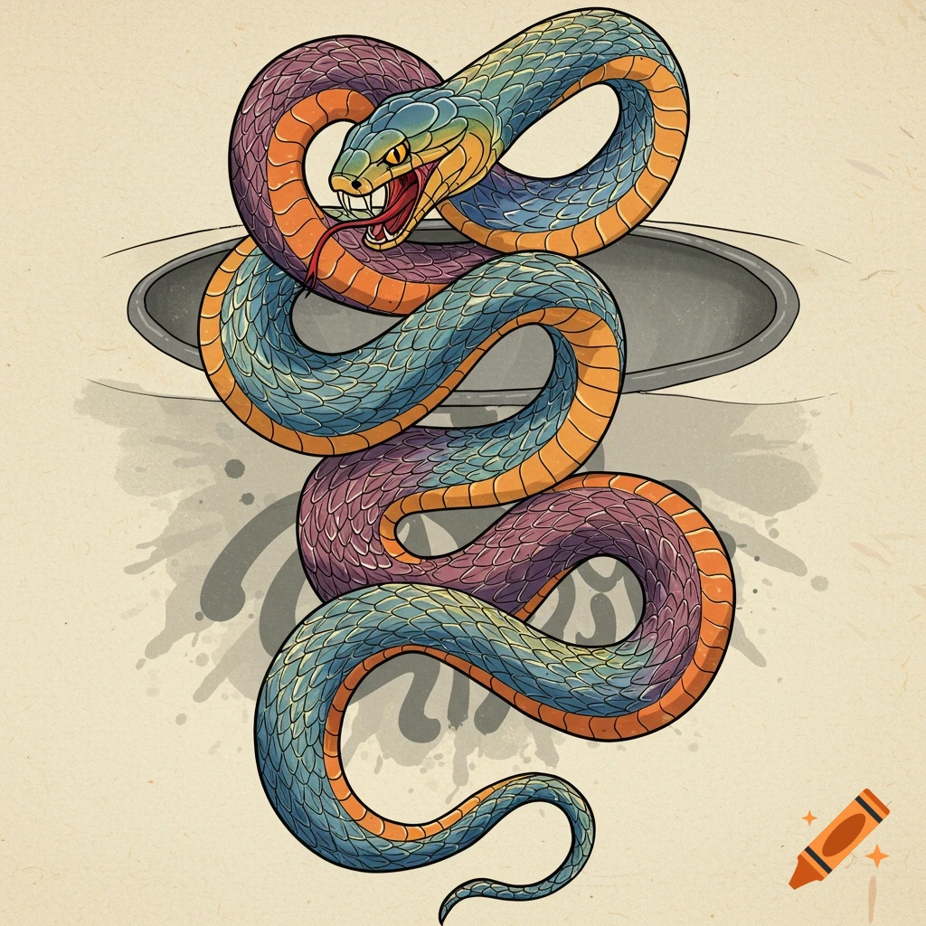 A vibrant, multicolored snake with its mouth open, fangs showing, coiled around a gray skateboard bowl in a bold tattoo art style.