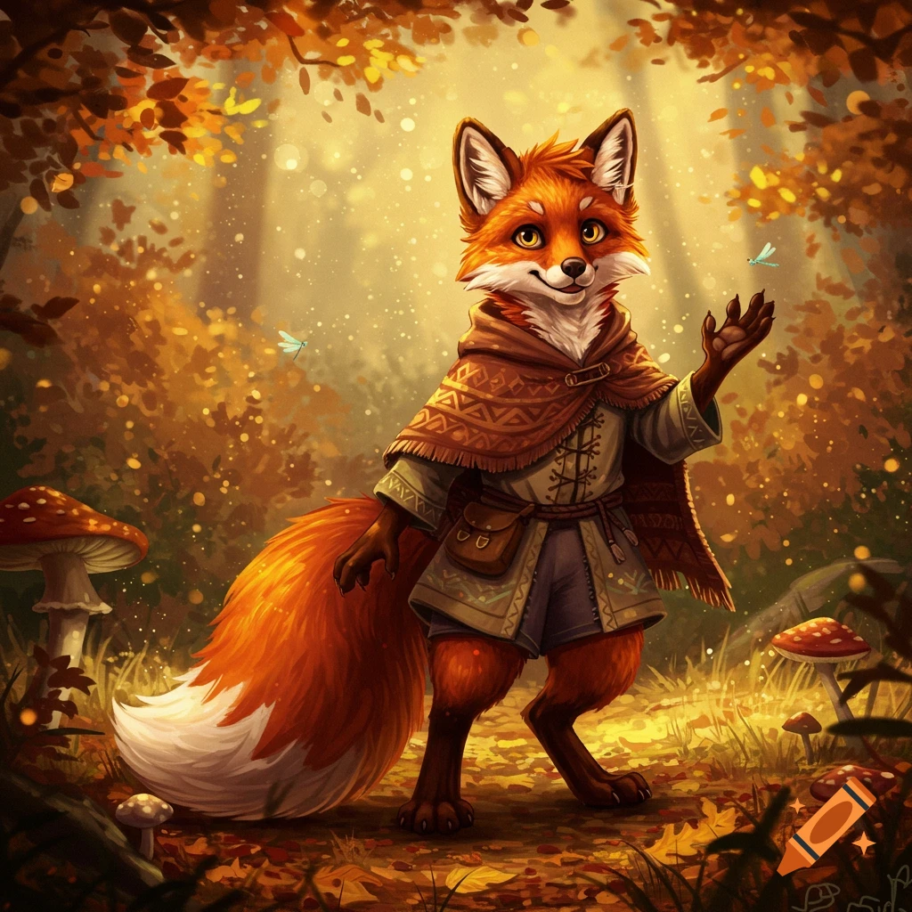 A whimsical anthropomorphic fox in a patterned cloak stands in a sparkling autumn forest with red spotted mushrooms.