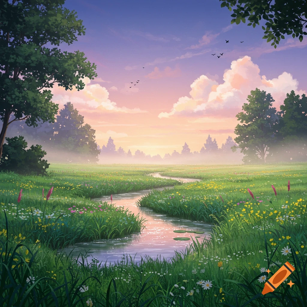 Illustrated winding stream through a vibrant green meadow with wildflowers, under a colorful sunset sky and distant trees.