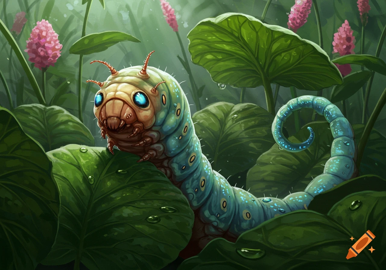 A whimsical blue and green caterpillar with glowing eyes peeks from lush green leaves, surrounded by pink flowers.