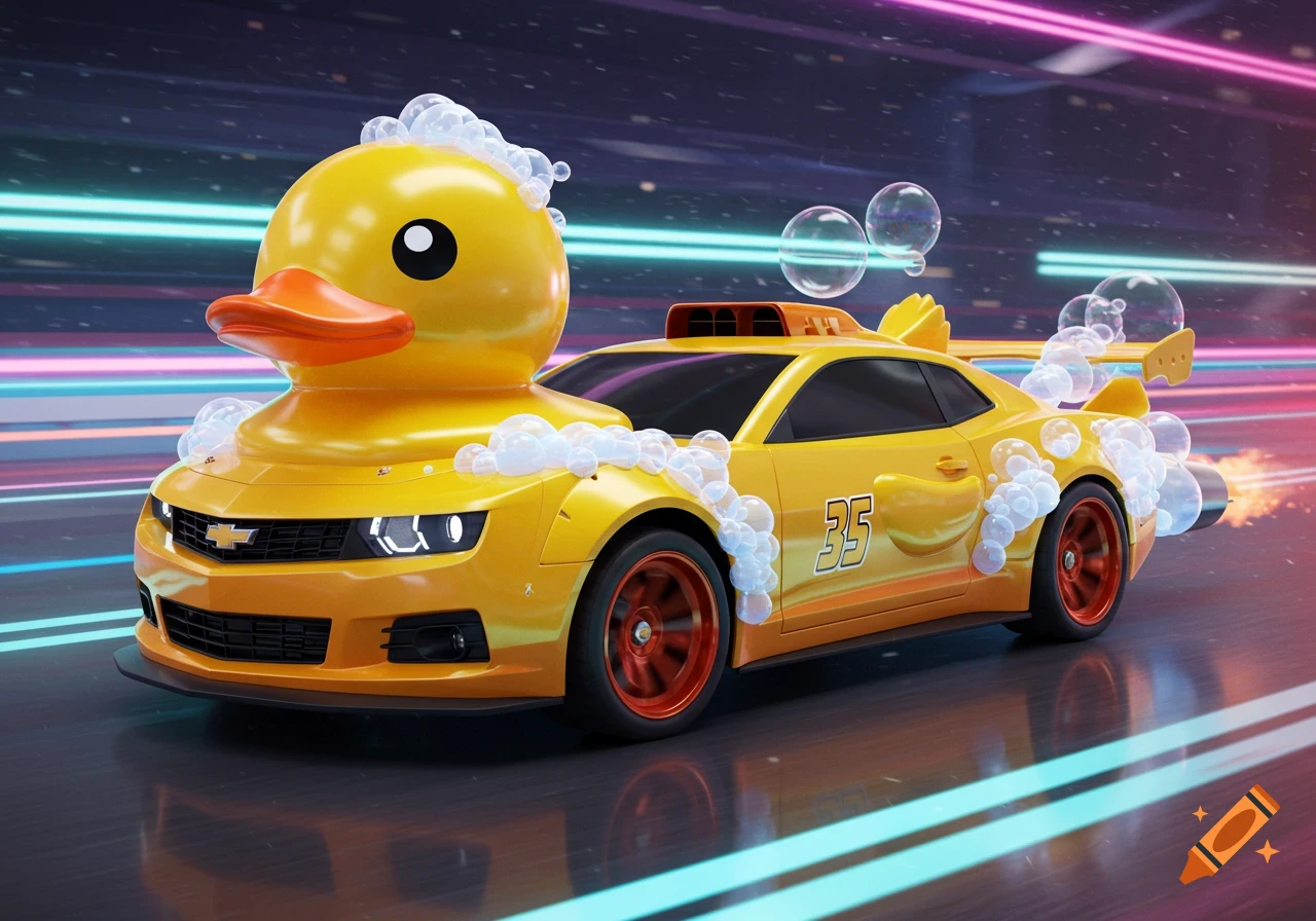 A vibrant yellow Chevrolet car with a giant rubber duck on its front, covered in soap bubbles, speeding on a futuristic, neon-lit road. The car has the number 35 on its side and an orange spoiler shaped like a duck's tail at the back. Exhaust flames are visible.