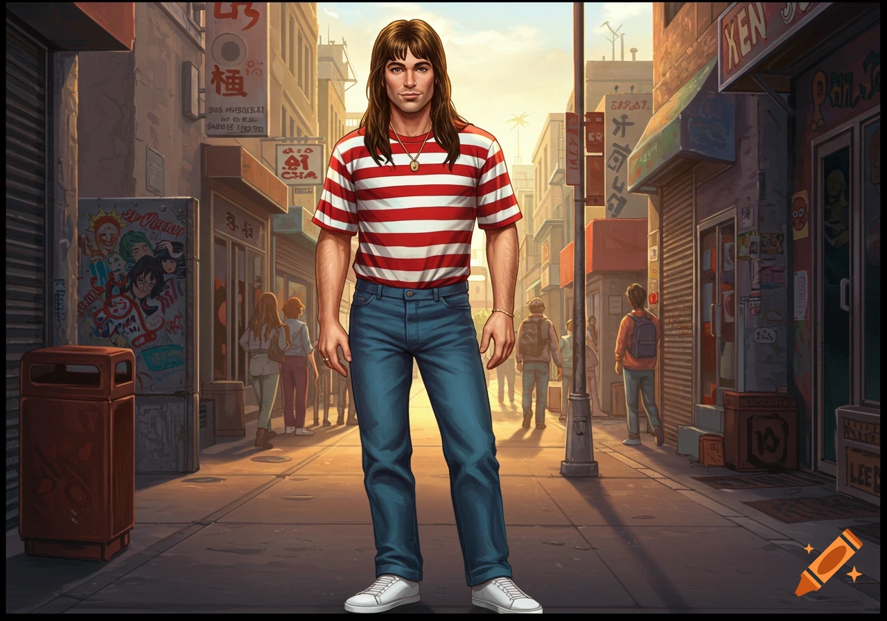An illustrative image of a man with a mullet hairstyle, wearing a red and white striped shirt and blue jeans, standing on an urban street.