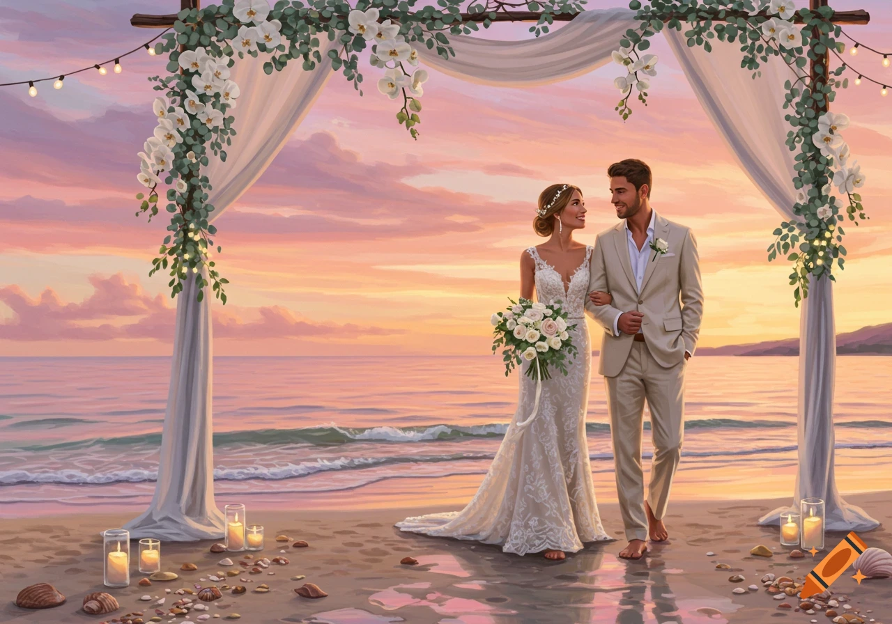 A newlywed couple walks arm-in-arm on a sandy beach at sunset, beneath a floral wedding arch.