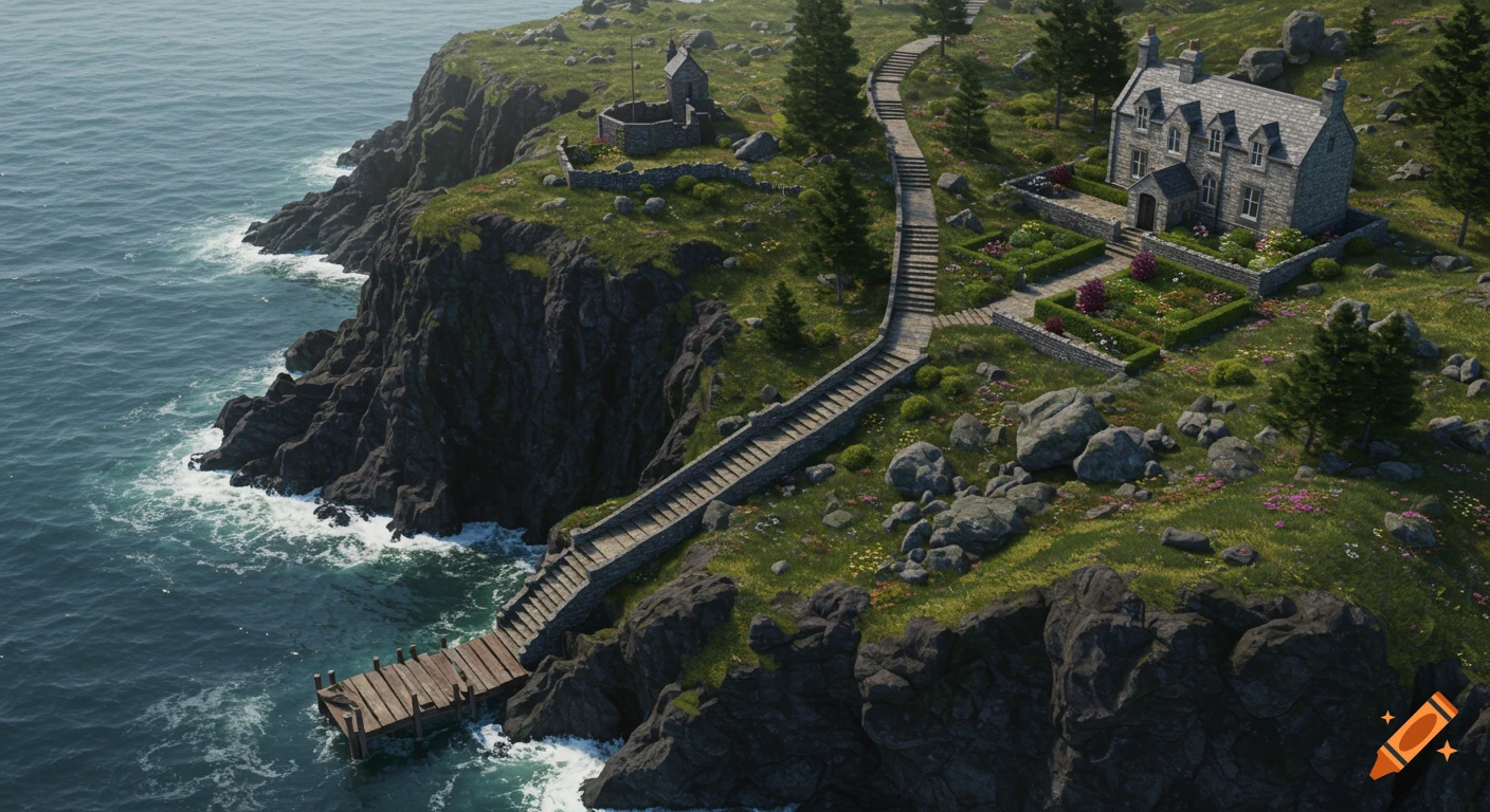 Isometric view of a stone house and gardens on a rugged clifftop, with winding steps leading to a dock by a rough ocean.