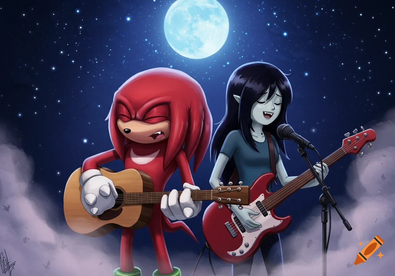 Knuckles the Echidna plays acoustic guitar while Marceline the Vampire Queen plays electric bass under a starry night with a full moon.