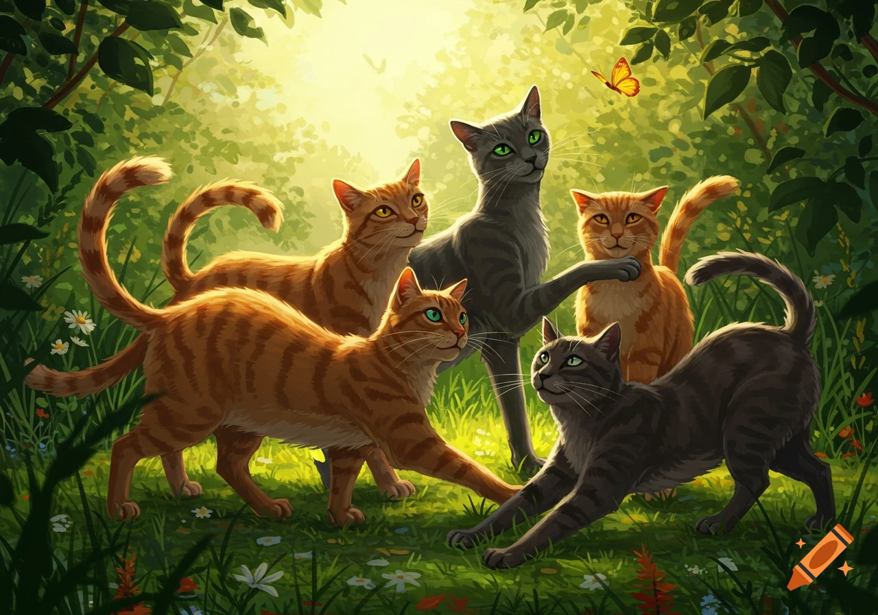 Five stylized cats, including orange and gray tabbies, interact in a bright, lush green forest with a butterfly.