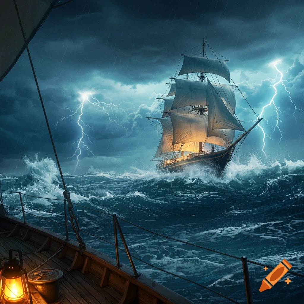 A tall ship sails through a dark, stormy sea with crashing waves and lightning strikes. View from a boat deck with a glowing lantern.
