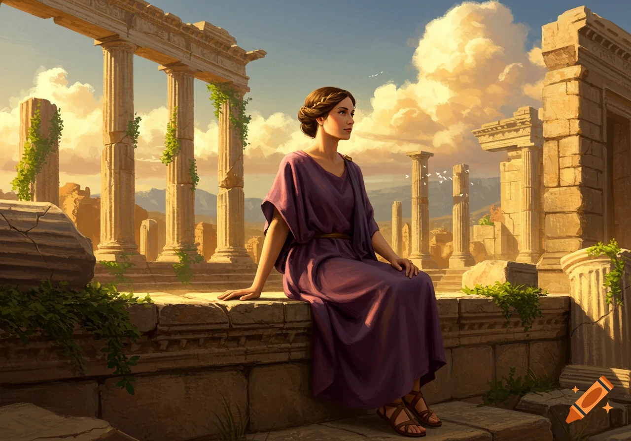 A woman in a purple robe sits on a stone wall amidst ancient sunlit ruins under a clear sky.