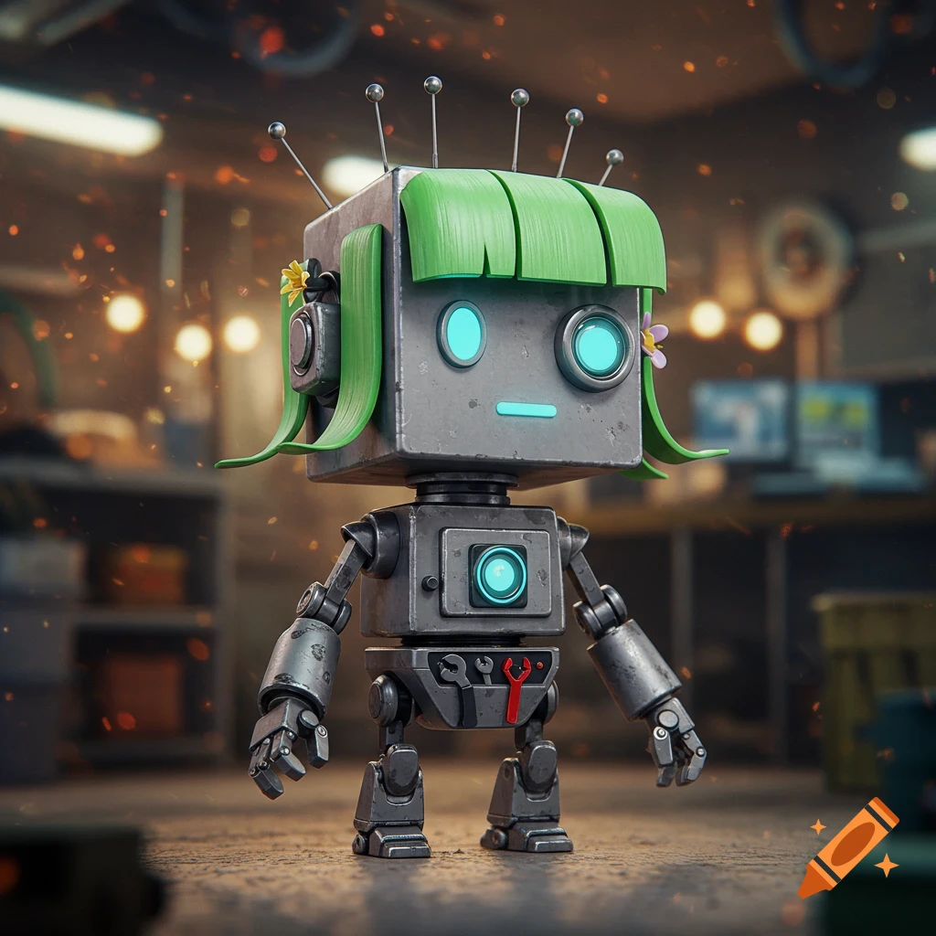 A cute, stylized robot with a square head, green bangs, glowing blue eyes, and antennae, standing in a workshop.