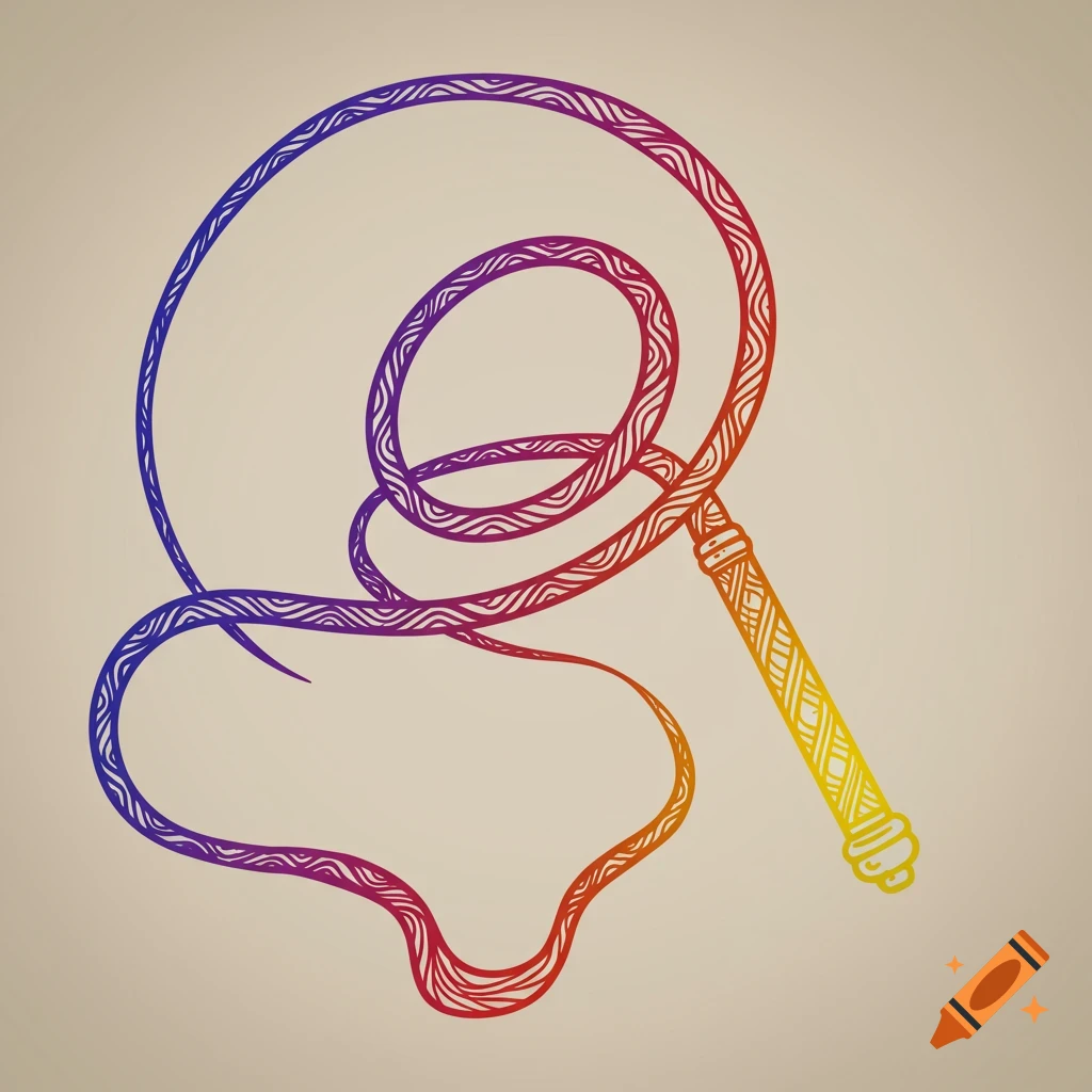 Stylized rainbow gradient line art illustration of a coiled whip on a light background.