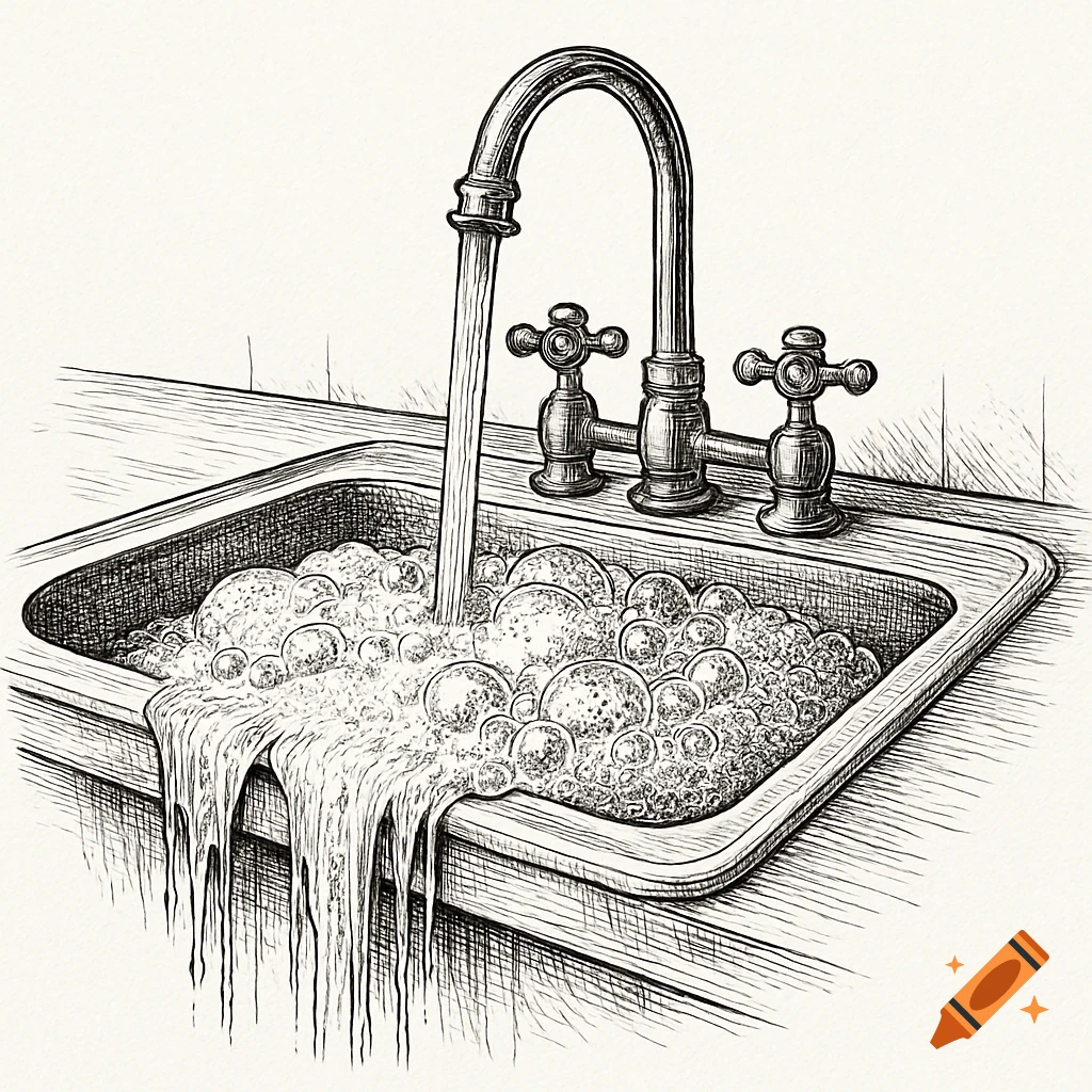 Highly detailed black and white technical illustration of an overflowing kitchen sink with running water and soap suds.