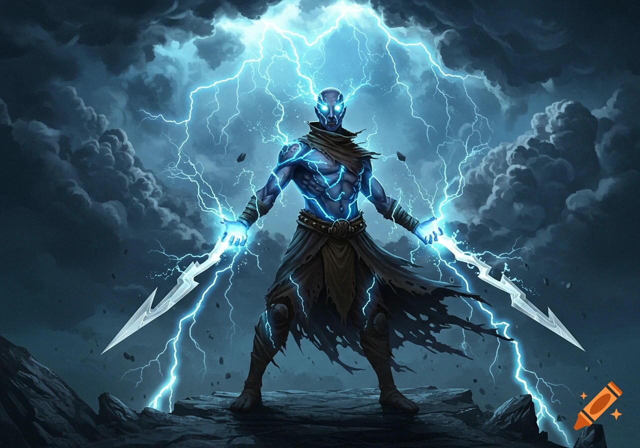 A muscular, blue-skinned electric humanoid crackles with lightning, wielding glowing blades on a stormy, rocky landscape.
