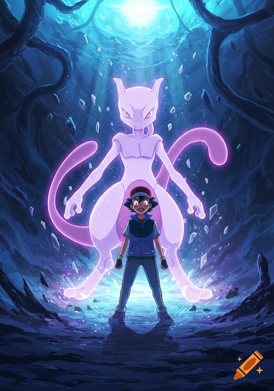 Ash Ketchum stands before a glowing purple Mewtwo in a dark, ethereal cave with blue light and floating crystal shards, in an anime style.