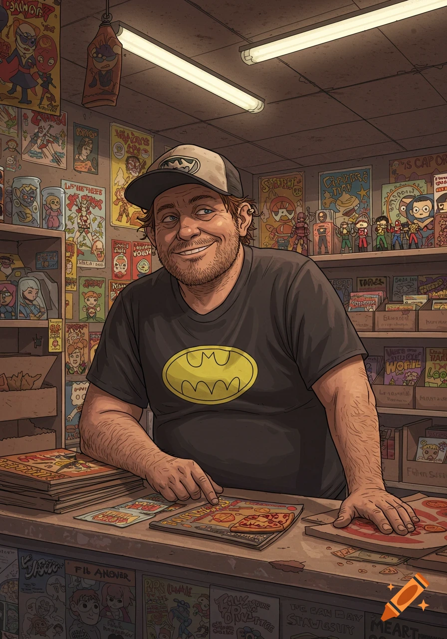 A smiling man with a beard and a Batman t-shirt stands behind a counter in a comic book store filled with posters and merchandise, pointing at a comic.