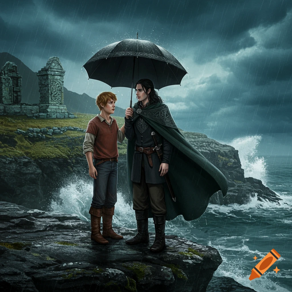 Two men, one holding an umbrella over both, stand on a rainy, rocky cliff overlooking a stormy sea with ancient ruins in the background. Digital art.