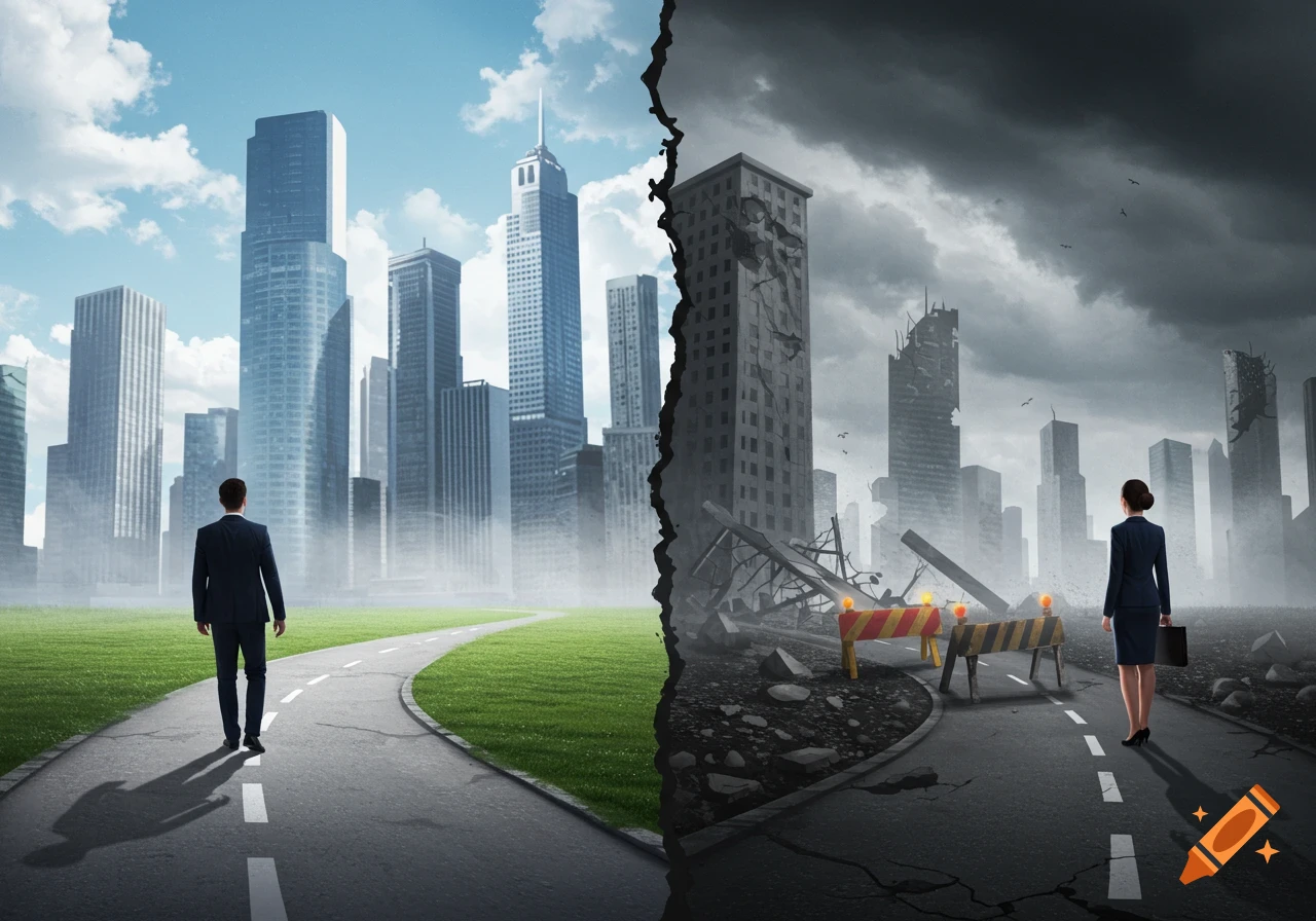 A split image showing a man walking on a green path towards a modern city under blue skies, and a woman walking on a cracked road towards a ruined city under stormy skies.