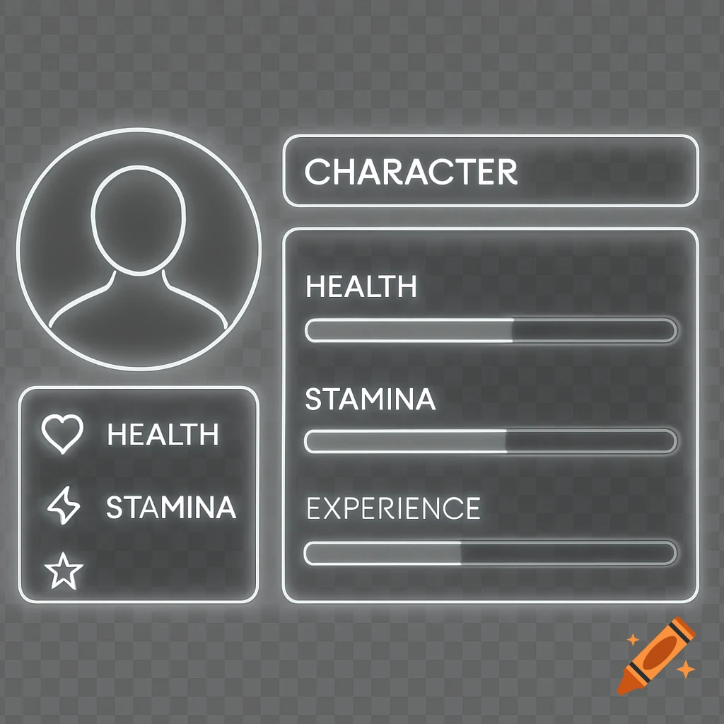 A neon-outlined game character status UI with health, stamina, and experience bars, a profile icon, and 'CHARACTER' text, on a transparent background.