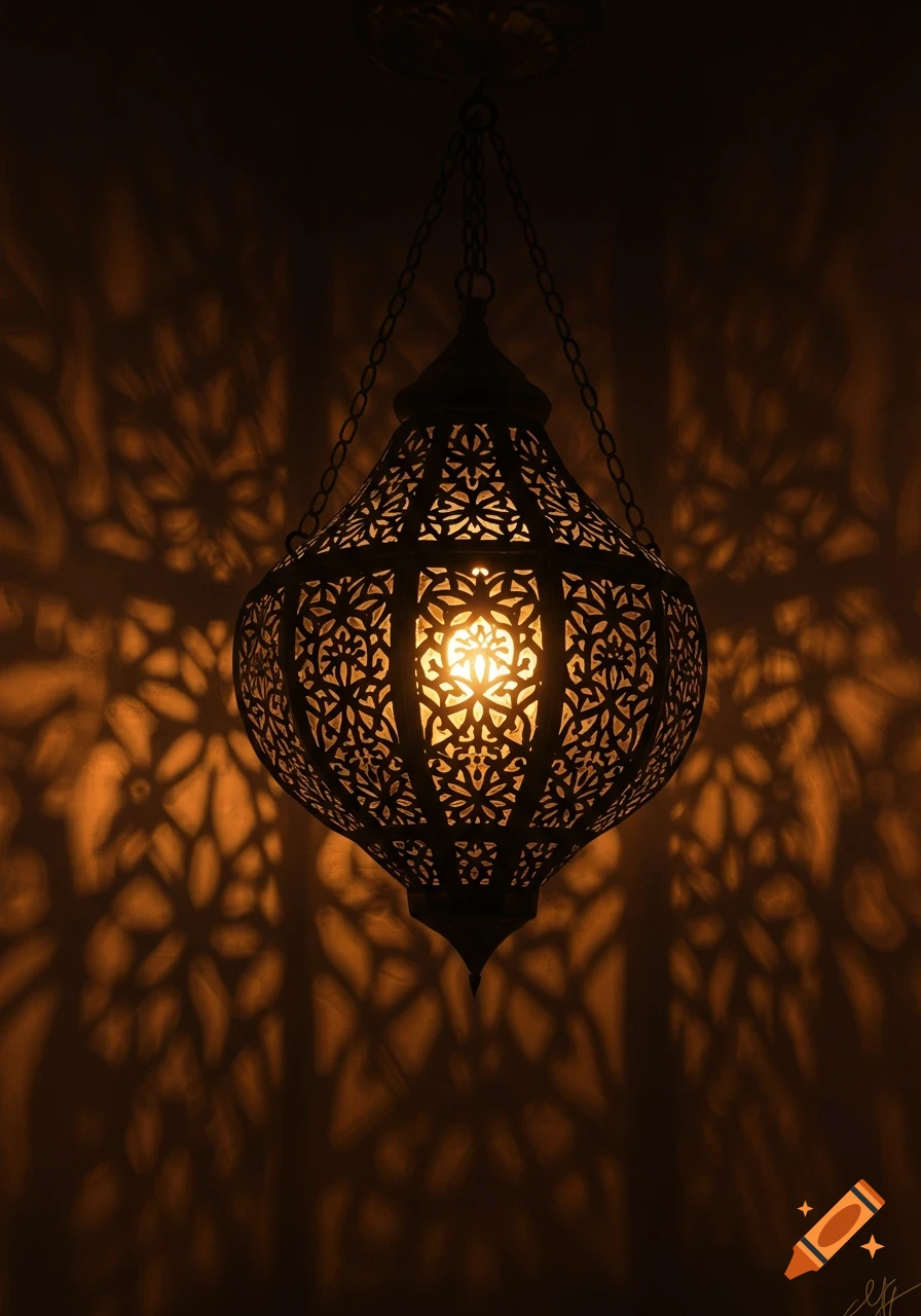 An ornate Moroccan brass lantern hangs in a dark room, casting intricate, warm light patterns on the surrounding walls.