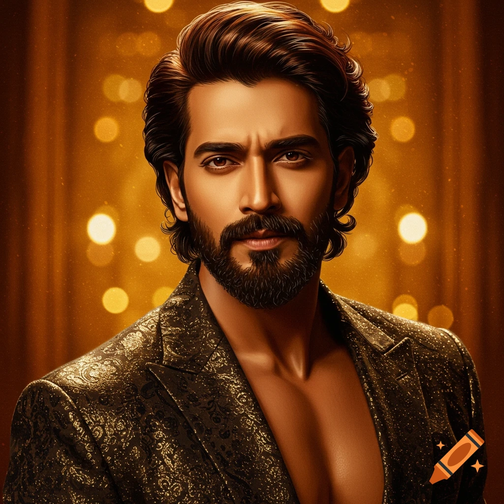 Photorealistic portrait of a man with dark hair, styled beard, and a gold patterned jacket against a bokeh golden background.