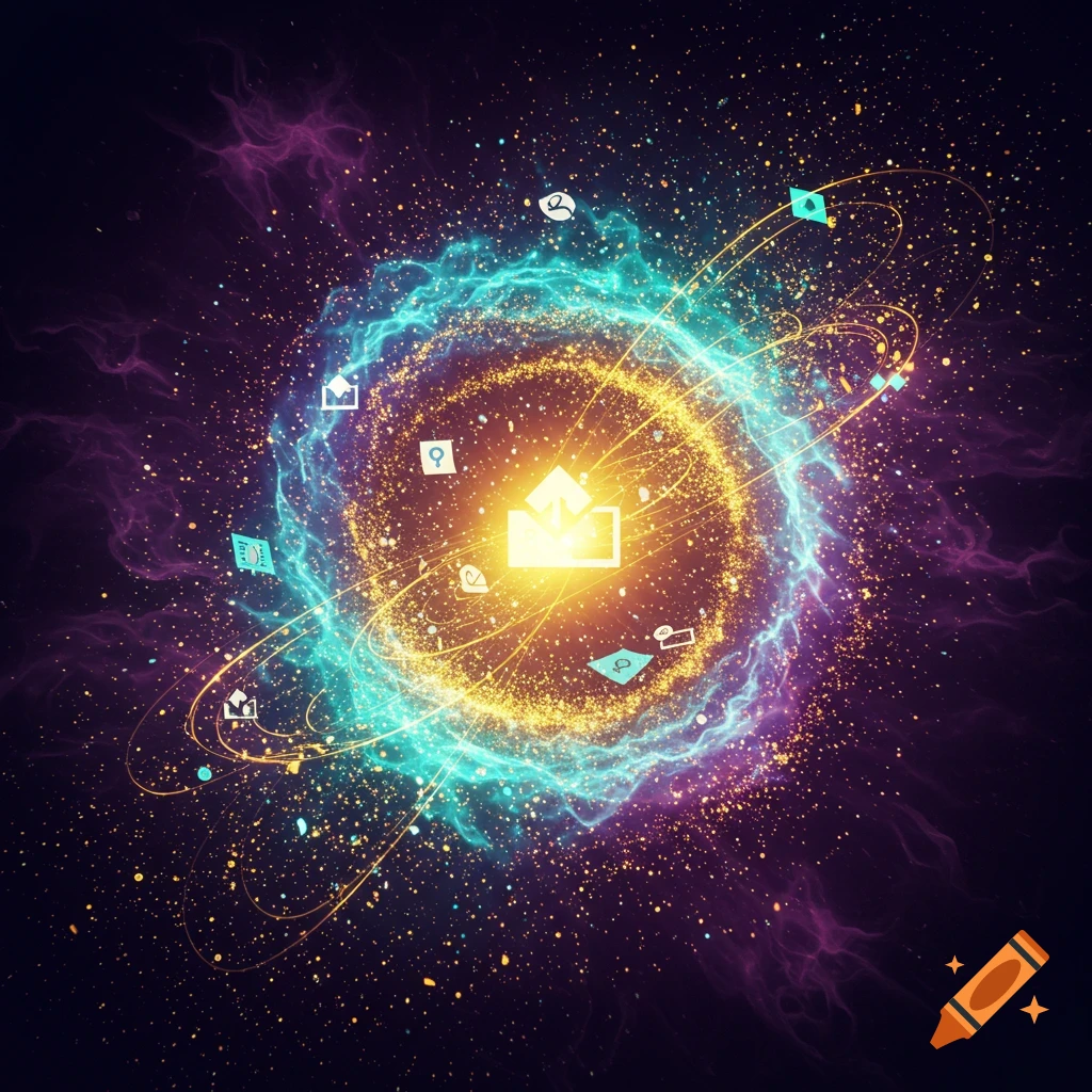 Vibrant cosmic scene with a glowing central orb surrounded by orbiting data icons and nebulae in blue, purple, and gold.