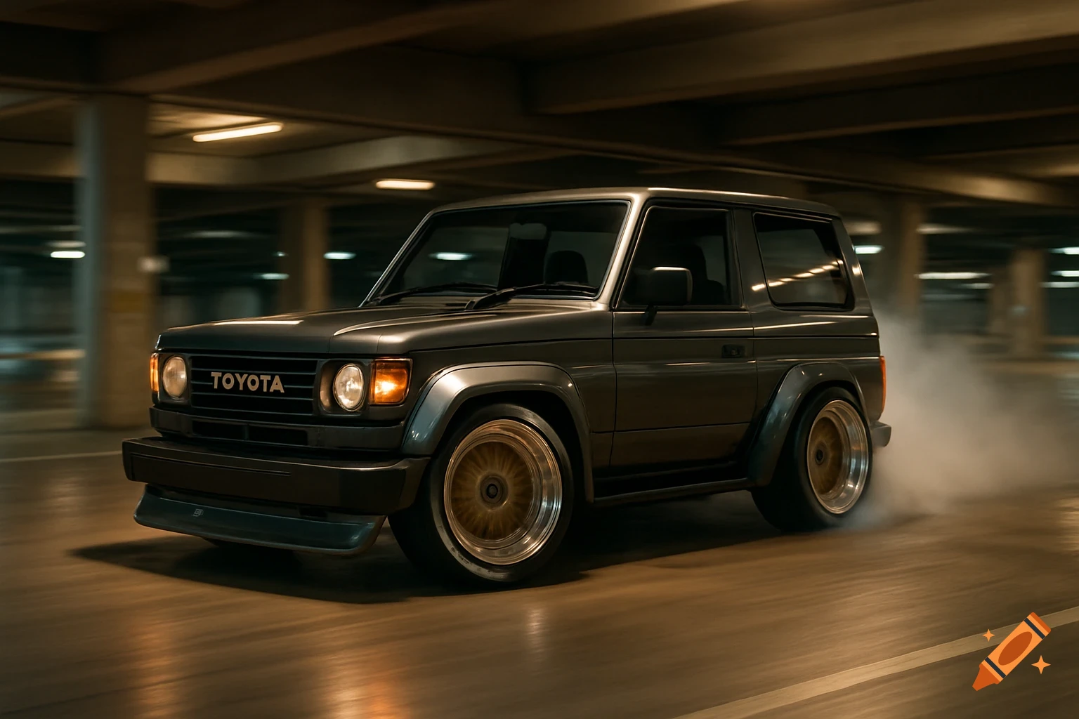 A custom gray two-door Toyota Land Cruiser SUV drifts in a parking structure, tires smoking, with motion blur in a photorealistic style.