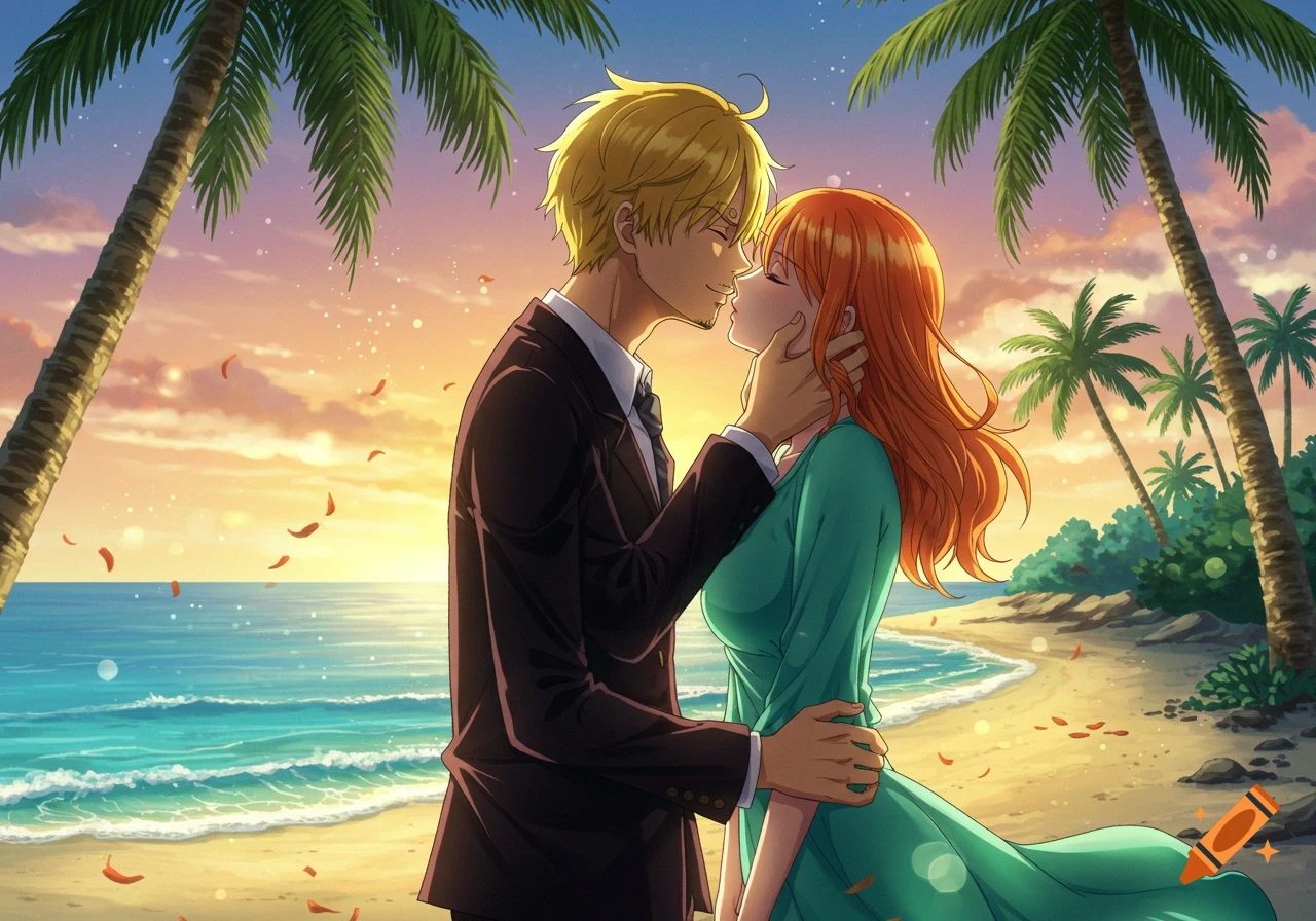 Anime couple Sanji and Nami share a kiss on a tropical beach at sunset, with palm trees and ocean waves.